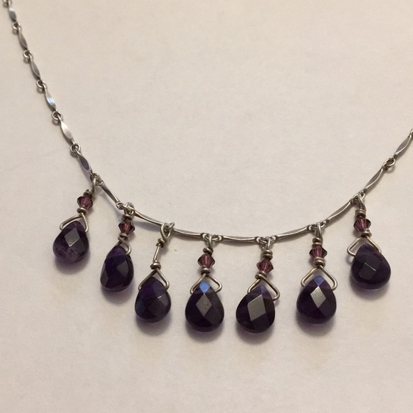 Sterling & Amethyst teardrops vintage artisan necklace - Picture 1 of 16
